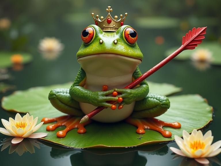 Illustration of a frog on a giant lily pad The frog holds a red arrow and wears a crown Water lilies surround it Showing vibrant greens and yellows Soft lighting enhances textures The atmosphere is serene and mystical