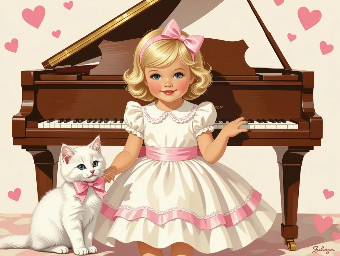 Old Money blonde little Girl in a white and pink frilly dress with a white kitten. Celebrating Valentine's Day while playing a Steinway Piano. Artwork inspired by Gil Elvgren, James Gurney, Kinuko Craft, Loish, and Mary Blair.