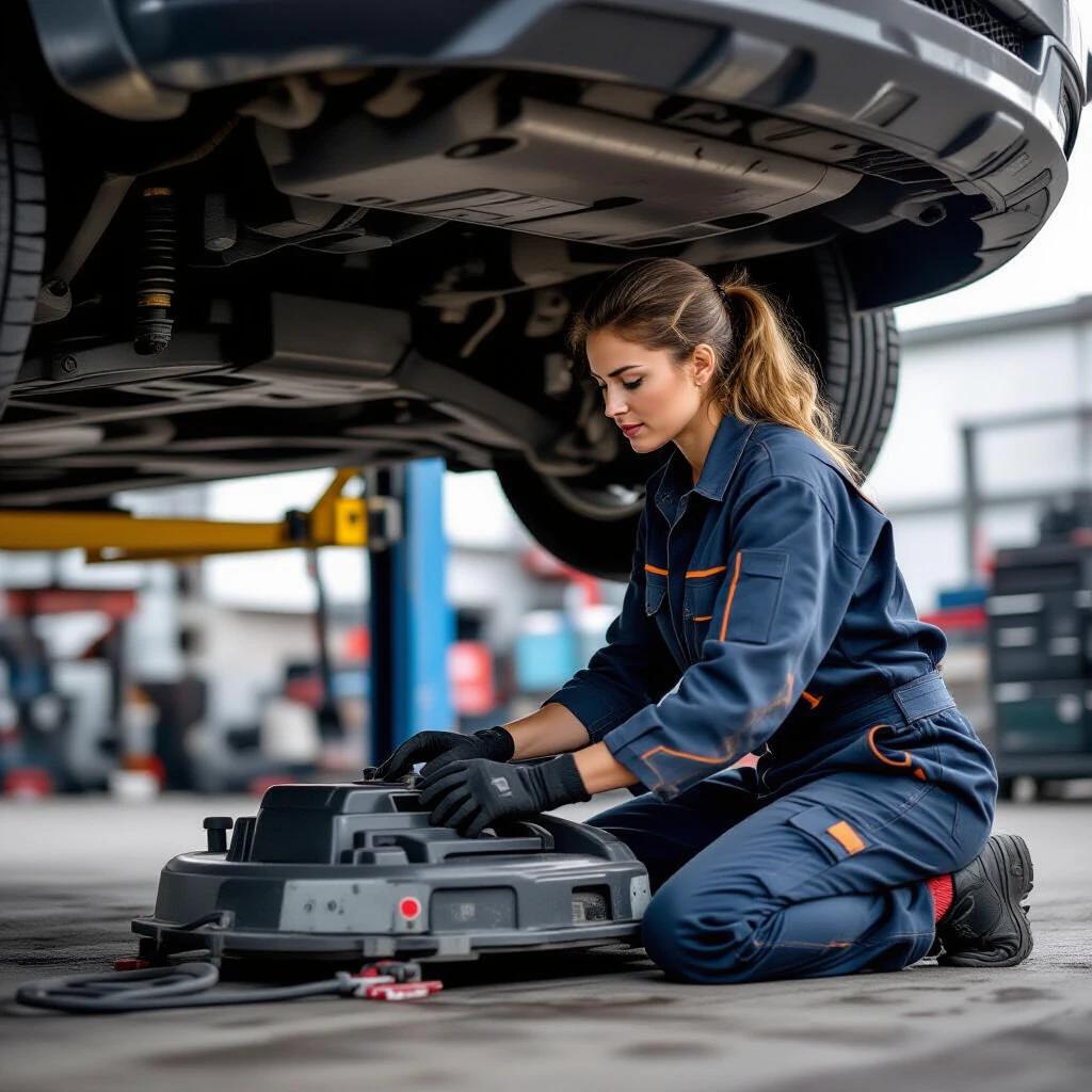 Woman mechanic works under a car inspecting the underside. Uses a creeper tool to slide under for easy access. The garage is well-lit with various tools visible.