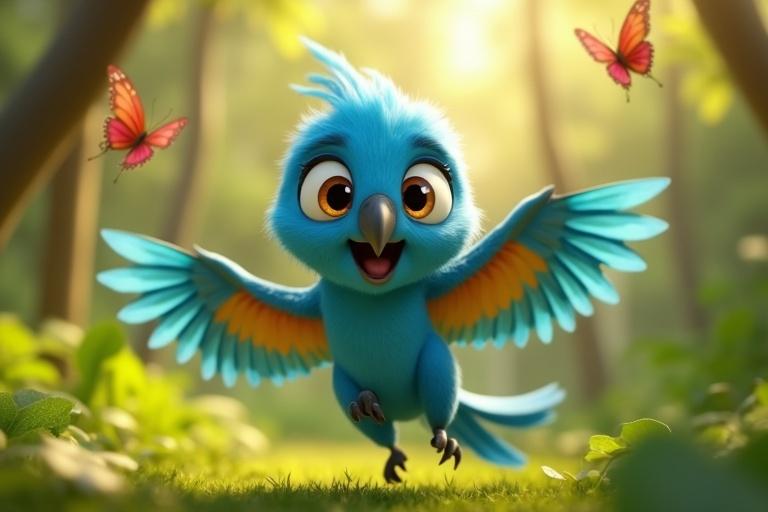 A blue parrot with big eyes and detailed feathers joyfully chasing butterflies in a lush green environment.