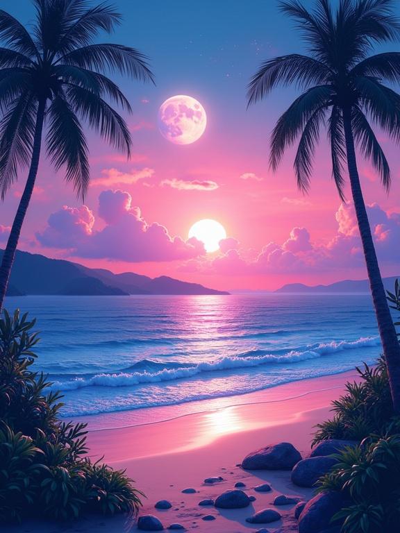 A tropical beach landscape at twilight. Luminous planets in the sky. Soft pink clouds. Vivid lighting emphasizes colors. Composition leads from foliage to distant hills. Inspired by impressionistic styles.