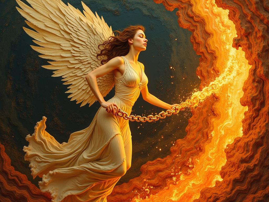 3D Klimt artwork depicts an athletic angelic woman straining to pull a flaming chain. The chain leads into a fiery chasm. Dynamic movement and intense colors create a dramatic effect.
