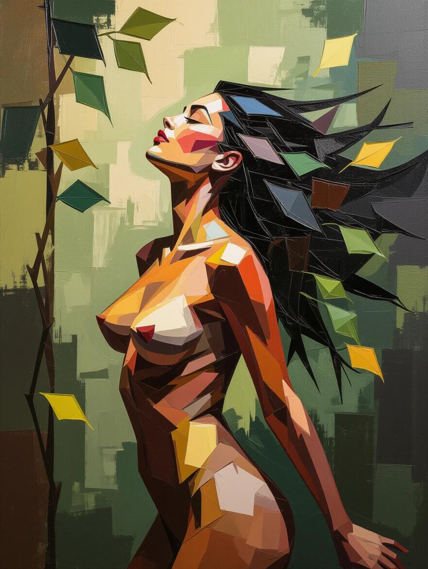 Impasto portrait painting of a woman emerging from chaos of leaves. Abstract nude in profile with head thrown back. Expressive use of colors and textures. Symbolism of a nude Goddess embodying the wild.