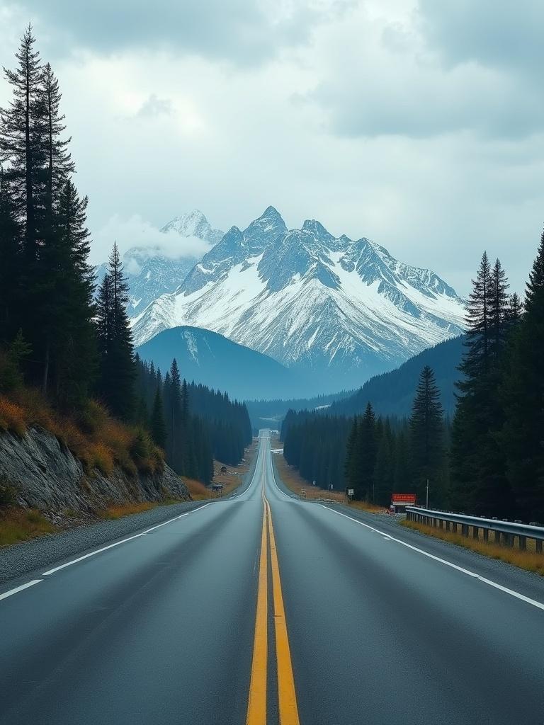 Highway surrounded by mountains. Lush green trees lining the road. Snow-capped peaks in the distance. Overcast sky with dramatic clouds. A long stretch of open road.