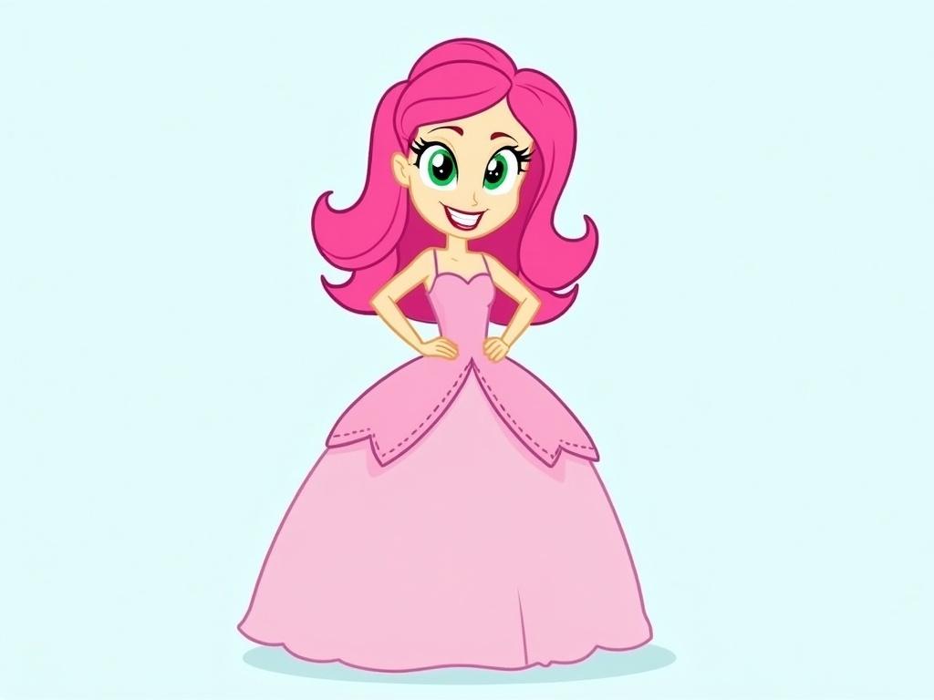 The image features a cartoon character with long, vibrant pink hair styled in loose waves. She has a fair skin tone and bright green eyes, accented by defined eyelashes. The character is wearing a sleeveless, floor-length gown in a similar shade of pink, which has a layered design resembling petals. Her hands are placed on her hips, and she has a wide smile, exuding a cheerful demeanor. The background is a soft light blue, which contrasts with her pink attire, drawing attention to her. Notable details include the exaggerated cartoon features and the playful, whimsical style of the drawing.