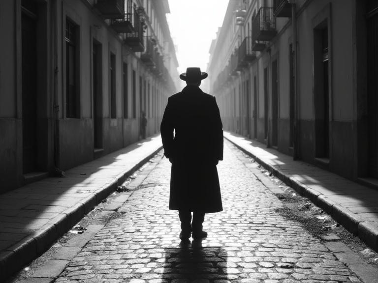 Image shows a lonely street in early 20th century Lisbon. A solitary man in a long overcoat seen from behind. Three shadows cast on the cobbled floor. Black and white photorealistic style.