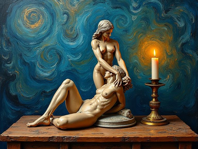 A still life arrangement features a wooden table with a female erotic sculpture of Cleopatra and a male athlete. A flickering candle casts light and shadows. The background is textured and painted in expressive strokes reminiscent of Van Gogh's style.