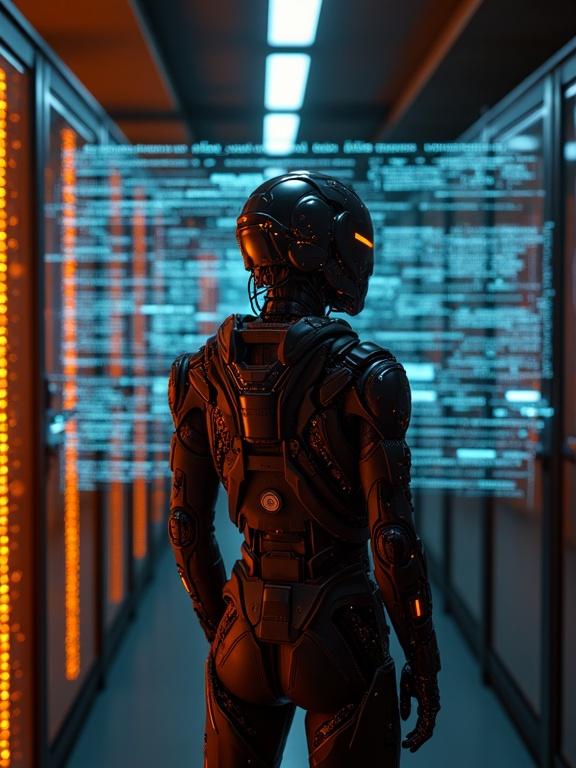 Cyborg in a server room wearing black metallic armor. Holographic panel displays code. Dystopian cyberpunk theme. Dramatic lighting and shadow play with orange and black tones. Monitoring screens in background.