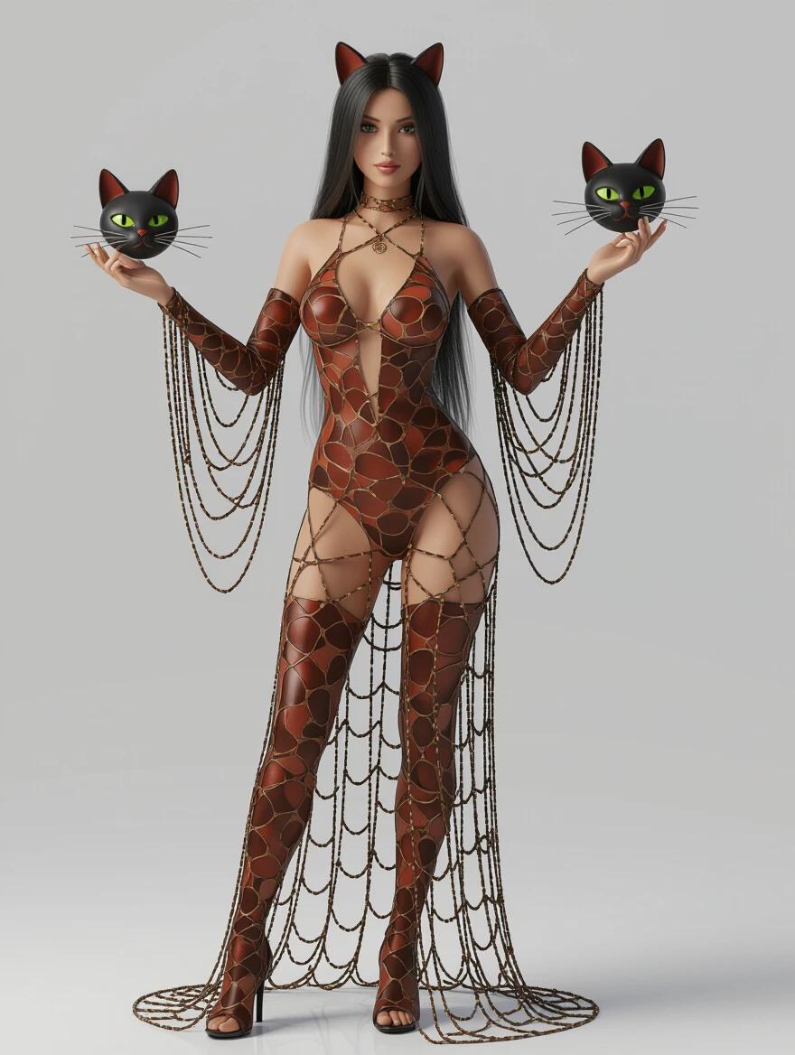 A full body 3D representation of a glamorous character in a cat-themed catsuit. The outfit features intricate chains and is complemented by cat masks.