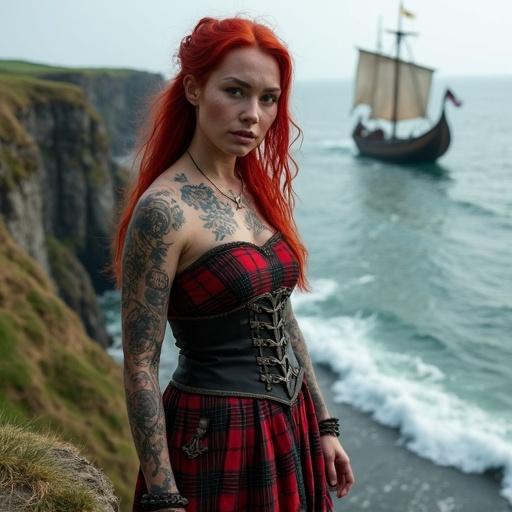 A woman with red hair stands on a cliff edge. She wears a tartan dress and has tattoos on her face, chest, and arms. In the background, a Viking ship approaches the shore through the waves. The scene is set in beautiful surroundings.