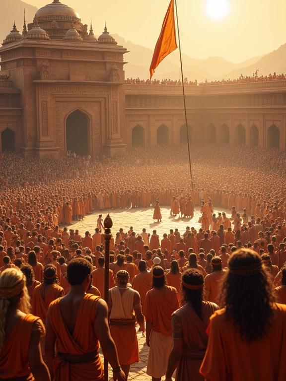 Grand ancient Indian arena in Hastinapura setting filled with diverse gathering. Common people in traditional clothing. Majestic kings with golden crowns. Young princes wielding weapons. Wise rishis in calm dignity. Vibrant ceremonial atmosphere. Detailed stone architecture in background. Flags fluttering under golden sunset light.