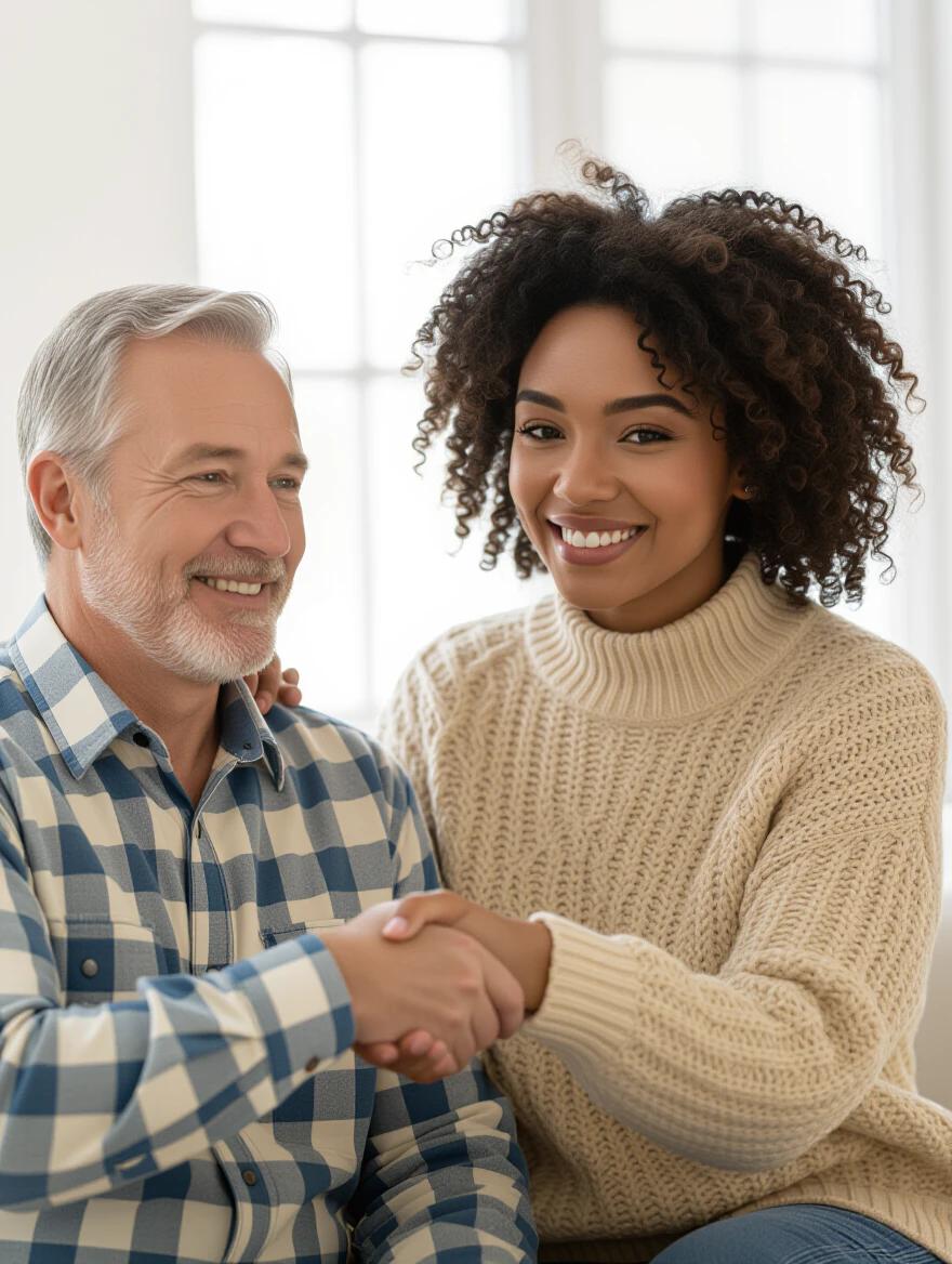 Mentor figure extends a helping hand to another person in a warm and encouraging atmosphere. Photorealistic portrait captures authentic human connection. Natural lighting highlights supportive gesture.