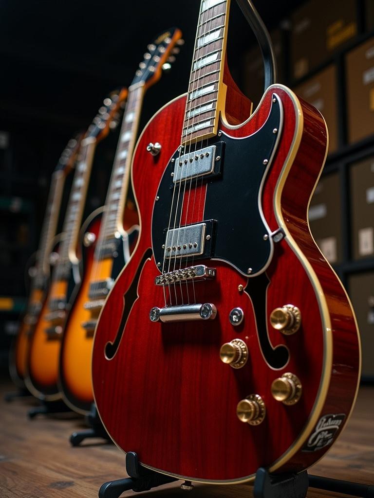 Showcase of Gibson guitars in a music store setting. Various guitars displayed with a focus on the prominent red model in the foreground. Highlight the craftsmanship and detail of the guitars.