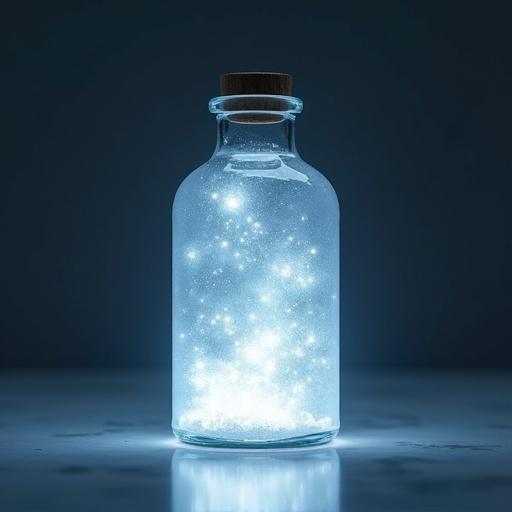 Close up of a crystal small cylindrical bottle filled with bright white light. The bottle has a wooden cork. The background is dark. The scene captures a magical glow.