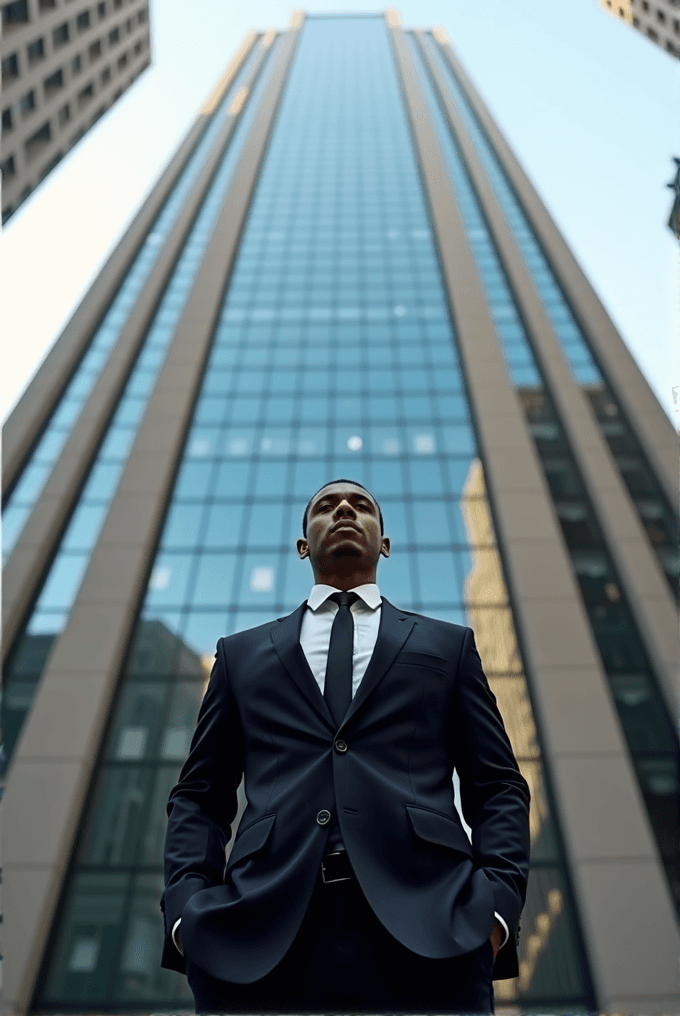 A confident man in a suit is standing between two towering skyscrapers against a clear blue sky, symbolizing ambition and success.