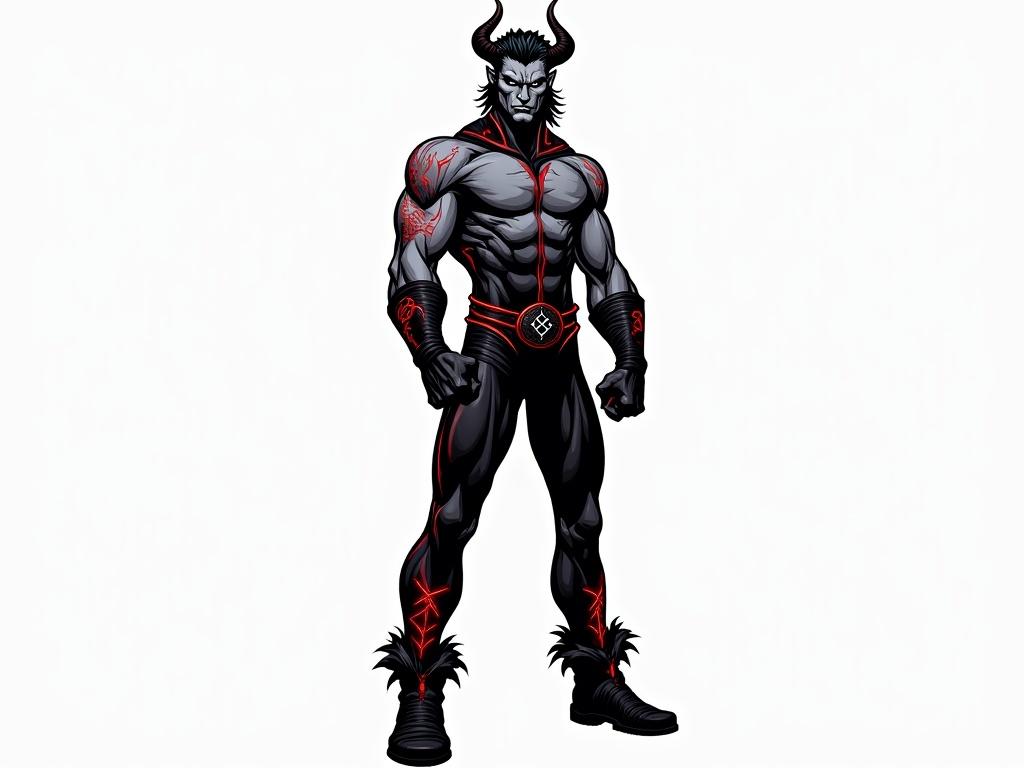 Full-body image of a muscular male demon named Belphegor. He stands confidently with black hair and icy blue eyes. Tight black clothing features vivid red lines along sleeves, pants, and boots. Forearms are well-developed. Skin showcases glowing ancient symbols. Background is pure white. Comic book style with clean lighting.