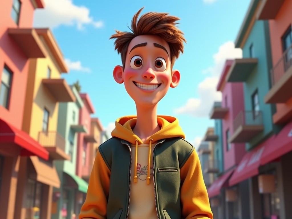 The image features a Pixar-style animated male character, approximately 25 years old, with a bright and cheerful expression. He has tousled brown hair and is wearing a colorful hoodie under a casual vest. The character stands in a vibrant, animated street filled with colorful buildings. The atmosphere is lively and inviting, capturing a sense of adventure. The lighting is bright, suggesting a sunny day that enhances the character's joyful demeanor. The image radiates positivity and charm, perfect for engaging a youthful audience.