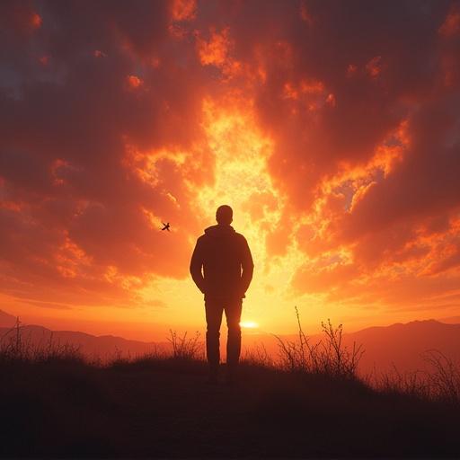 A lone figure stands silhouetted against a vibrant sunset sky. The scene evokes anticipation of a celestial event. Dramatic and fantasy elements present.