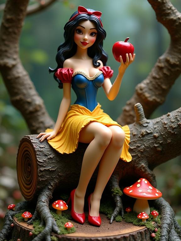 A resin sculpture inspired by Snow White sits atop a log in an enchanted forest. The figure is a warm and sensual woman wearing a blue corset and yellow skirt. She holds a red apple and has a provocative expression. The surroundings include flowers, moss, glowing mushrooms, and intricate textures.