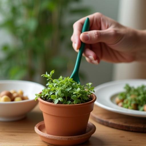 Middle-aged person taking small green plants from a flowerpot with a green spoon. Flowerpot on wooden table with a white bowl of food. Soft light illuminates the serene scene.