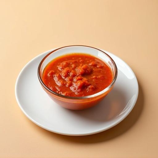Small clear glass bowl filled with thick spicy kara chutney. The chutney is smooth with rich red hue and slight gloss. Bowl is clean without toppings. Chutney's depth and consistency visible through glass. Bowl is on round white ceramic plate with ample negative space. Captured from true 45° angle with soft lighting on warm beige background. Highlights color and punch of chutney suitable for menus.