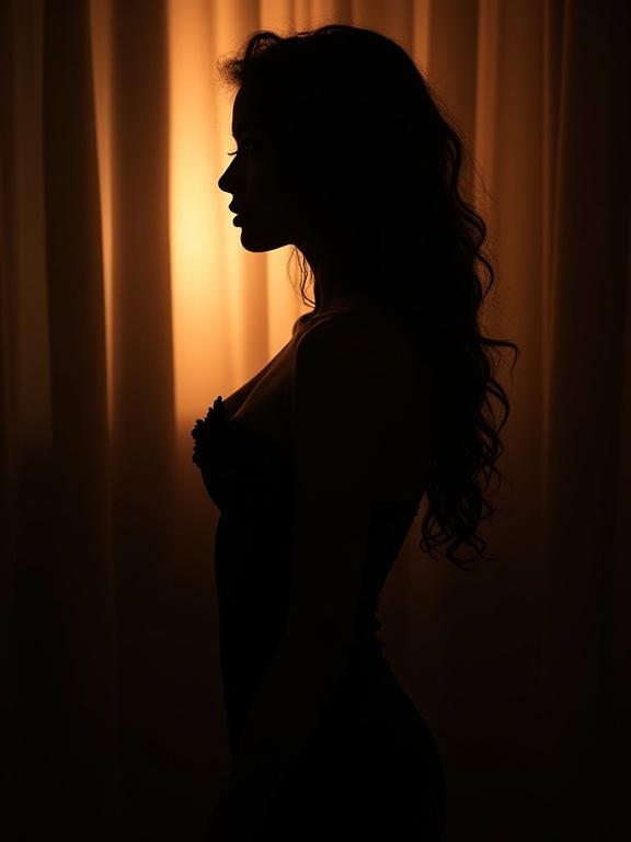 Silhouette of a woman against a softly lit backdrop. Woman has long, wavy hair. The shape and contours create a sensual outline. Warm light highlights the form.