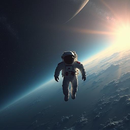 Lonely astronaut floats in space surrounded by darkness and light. Sunlight shines on the astronaut. Earth visible below in the distance.