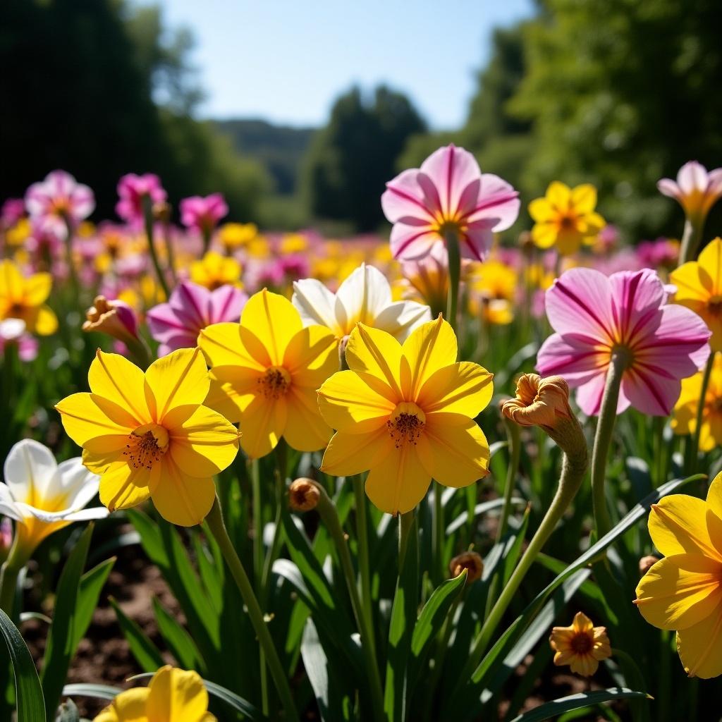 Field of vibrant flowers blooming. Dominant presence of yellow and pink flowers. Clear blue sky overhead. Lush green surroundings.