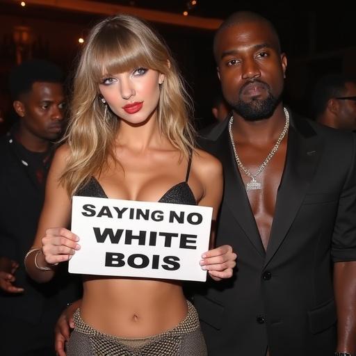 Taylor Swift and Kanye West standing in nightclub. Taylor is holding a sign 'saying no to white bois'. She wears a bikini top. Kanye stands beside her. Another man appears in the back.