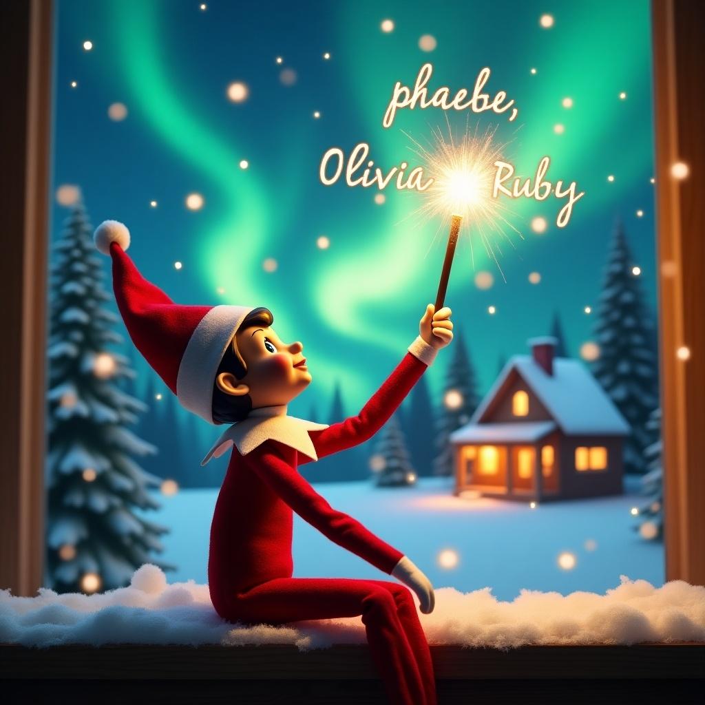 An elf on the shelf sits and gazes skyward. It holds a glowing wand emitting sparkling light. The background shows a Christmas scene with northern lights. A cozy decorated house is in the distance. Snow covers the ground, enhancing the winter atmosphere. The elf embodies the spirit of magic. Names are written in the air using the wand.