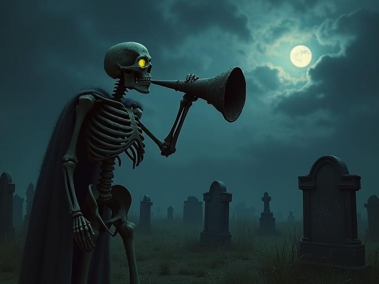 A skeletal warrior stands in a dark graveyard with weathered tombstones. The moonlight breaks through storm clouds creating a chilling atmosphere. The skeleton has glowing yellow-green eye sockets and blows an antique bull's horn, summoning other skeletal figures.