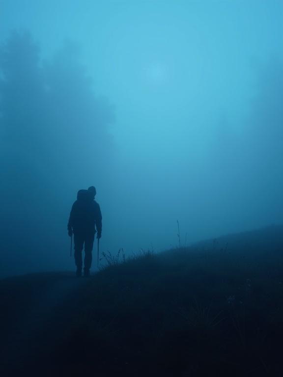 Far silhouette of a hiker in a dark blue fog.