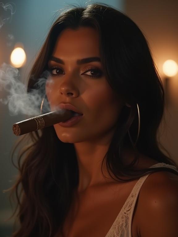 Model enjoys a Cuban cigar. Gentle smoke rises from cigar. Warm ambient lighting highlights the figure. Elegant and sophisticated atmosphere. Portrays a luxurious lifestyle.