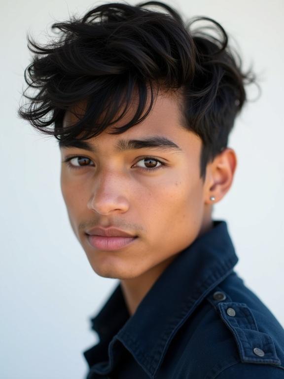 A 15-year-old boy with styled black hair in a trendy messy look. He wears a contrasting color outfit, like dark blue or black. Background is a crisp white or light gray. Sharp facial features with high cheekbones and small nose. Brown eyes gaze directly at the viewer with a youthful aura and subtle smile.