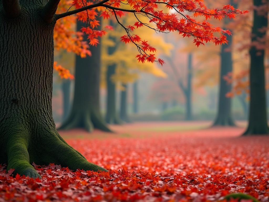 This image portrays a serene forest scene during autumn, featuring a large, textured tree trunk in the foreground. The ground is covered in a vibrant layer of red leaves, that have fallen from the trees above, creating a rich, colorful carpet. In the background, the forest is filled with more trees that fade into a soft blur, giving a sense of depth and tranquility. Delicate branches extend from the main tree, also adorned with bright red leaves, emphasizing the transition of the season. The atmosphere is peaceful, hinting at the gentle falling of leaves and the quiet beauty of nature.