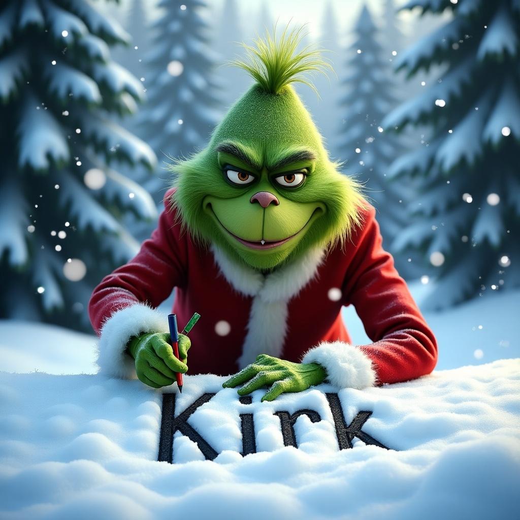 Grinch in traditional red suit writing the name 'Kirk' in fresh snow. Snow is gently falling creating a serene winter atmosphere. Tall snow-covered trees surround him. Grinch is smiling, exuding holiday charm and festive spirit.