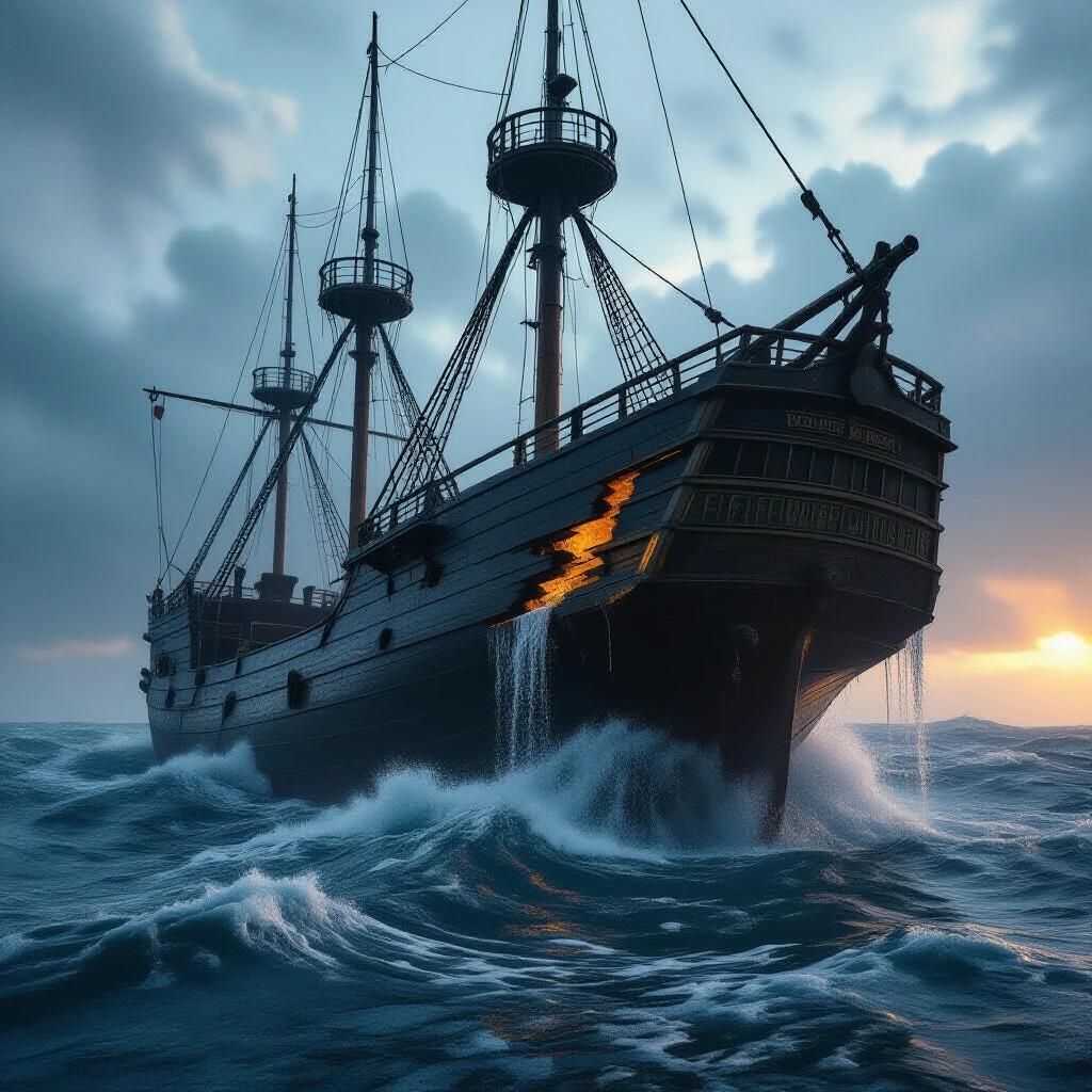 Old majestic ship listing heavily in rough sea. Water pouring over the deck. Visible crack in the wooden hull. Cinematic shot with dramatic lighting in photorealistic style.