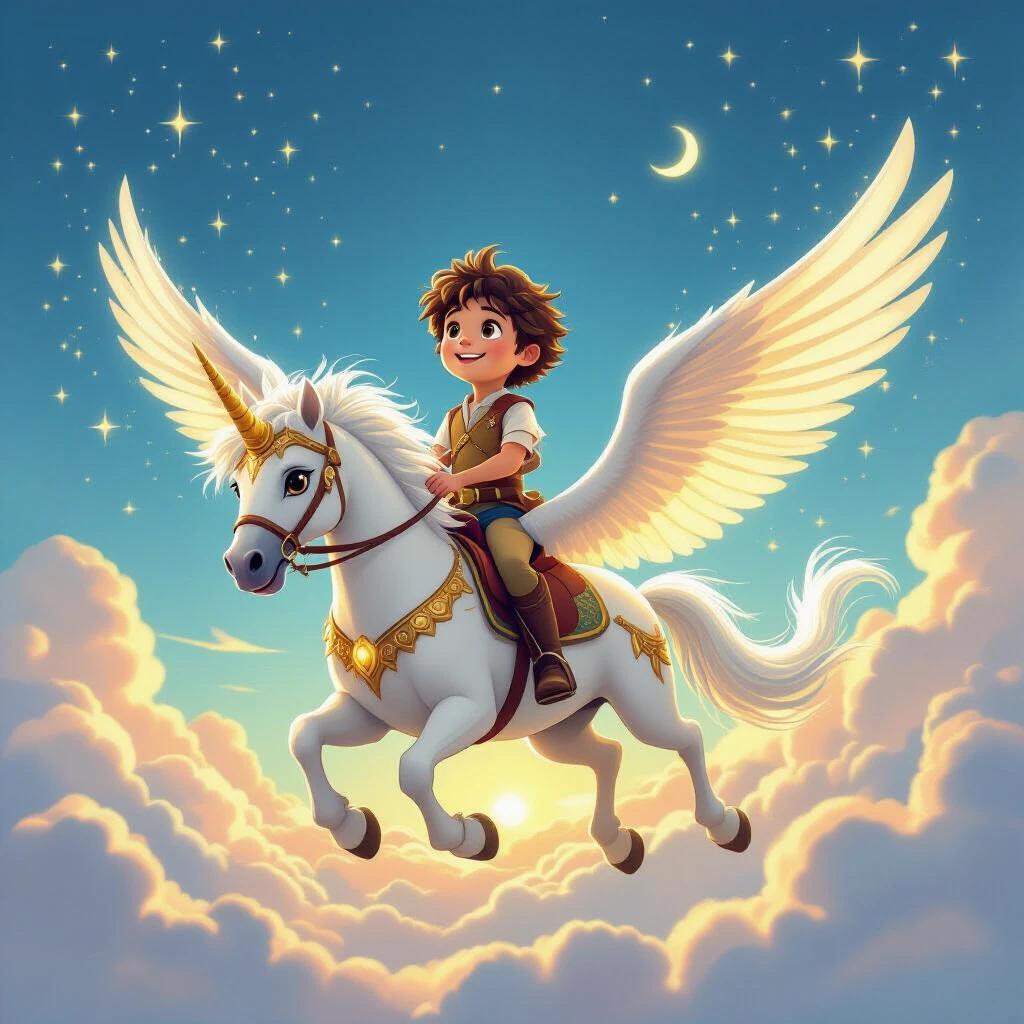 A brave 11-year-old boy rides a majestic white unicorn in a dreamlike sky. The unicorn has shimmering scales and magical features. The boy holds an Auryn, soaring through golden clouds and crystal valleys. The scene blends live-action with fantasy elements. The warm lighting and orchestral music evoke a sense of adventure and nostalgia.