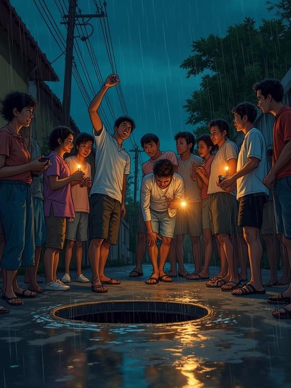 At night in a Caribbean neighborhood, neighbors gather around an open manhole. Two men pull up a young man who is wet and confused. A woman cries tears of joy while others cheer. Flashlights and cellphones light up the scene. The rain has slowed, and the street reflects warm light from lamps. The moment captures emotion and unity.