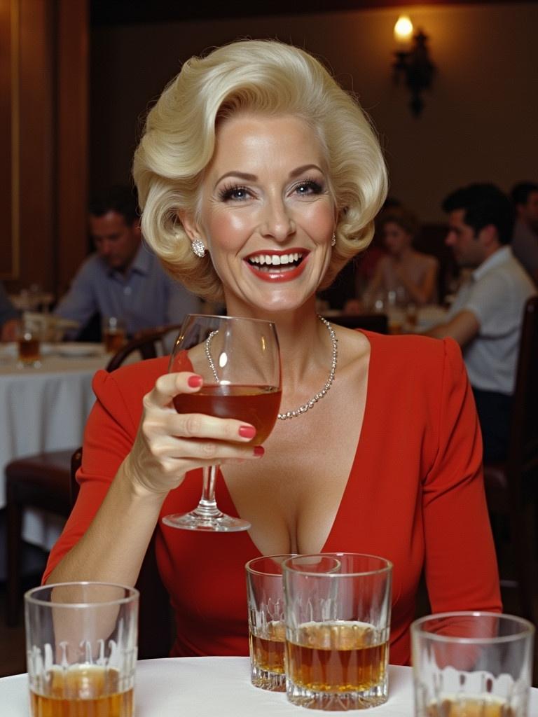 Woman wearing a low-cut red dress sits at a table in a restaurant. She smiles and talks while holding a glass of bourbon. Multiple glasses with drinks are visible on the table. Elegant setting evokes the 1960s.