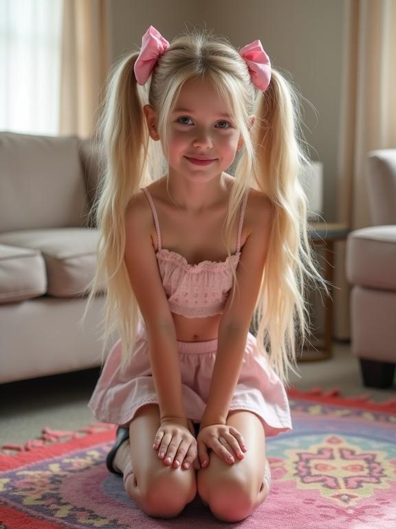 A girl with long blonde twin tails and pink bows kneels on a colorful rug. She wears a short crop top and a pale pink mini skirt. Thigh-high socks with lace detail and black shoes are present. Her face is beautiful, showing a flirty smile.