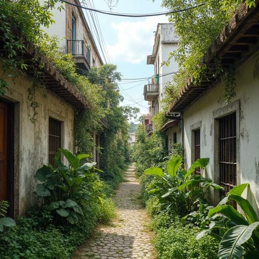 Image of a street in El Vedado, Havana, Cuba featuring urban agriculture on rooftops and garden beds. Realistic view of street 17.