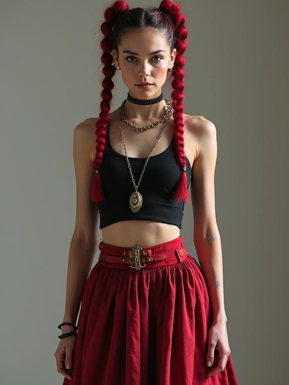 Female model displaying a trendy fashion look featuring red and black braided hair. Wearing a black crop top and a flowing red skirt. Accessories include layered necklaces. Minimal background highlighting the outfit.