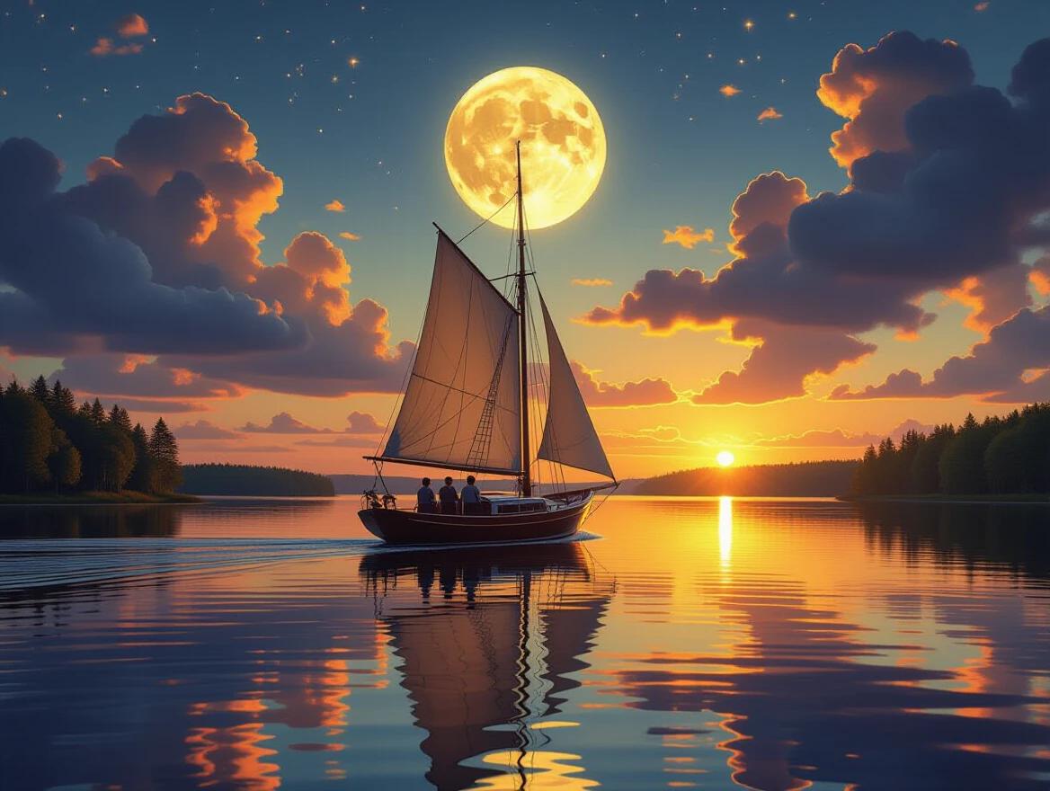 Fantasy art depicting a crew on a sailboat on calm water. A full moon rises above a glowing sky filled with golden hour clouds. Detailed trees are visible along the shoreline. The scene has a dramatic cloudscape with surreal reflections on the water. The lighting appears ethereal and cinematic, creating a dreamlike atmosphere. The image features rich colors and an epic composition.