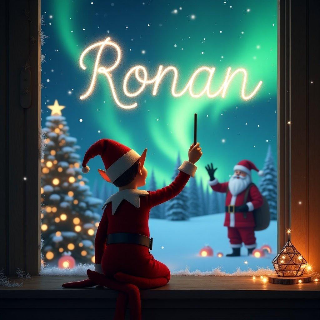 Elf on the shelf facing magical northern lights writing Ronan in the sky with a wand. Santa in the background with a Christmas tree decorated. Cozy Christmas atmosphere.