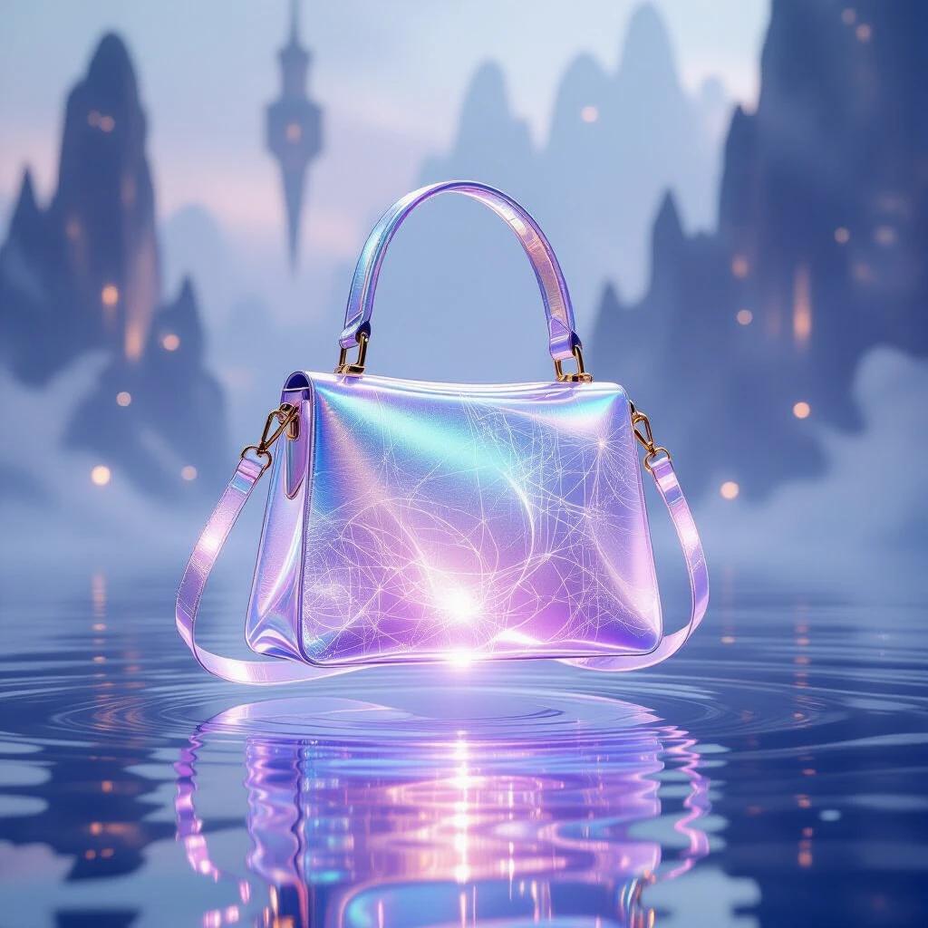Surreal handbag floats mid-air. Iridescent translucent body shifts colors. Lavender silver opal hues blend. Design inspired by sacred geometry. Fractal surface details. Soft internal glow. Strap dissolves into light. Background is misty dreamscape. Floating structures. Shimmering light trails. Evokes timeless metaphysical elegance. Cinematic style immersive surrealism.