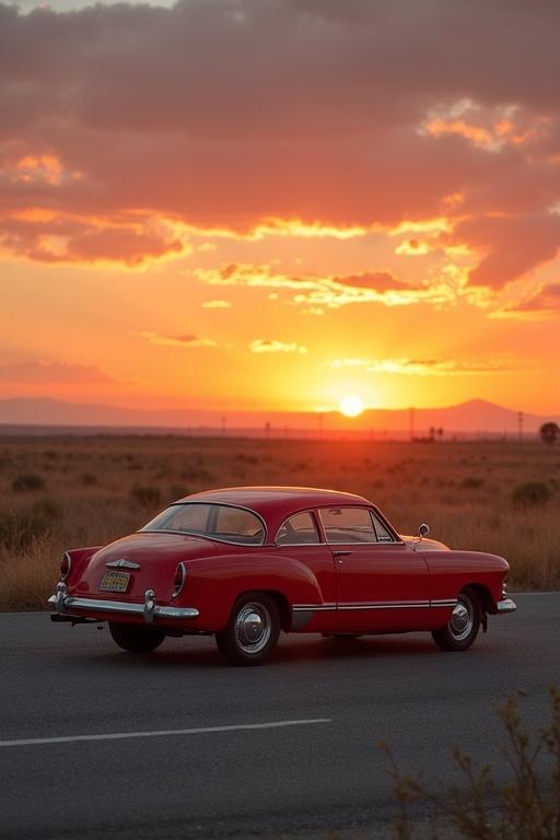 Vintage red car parked on open road at sunset. Vivid sky enhances sunset view.
