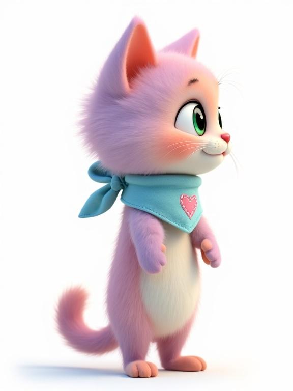 Right profile view of a fluffy anthropomorphic kitten. Kitten features pastel pink and lavender fur. Creamy white belly is partially visible. Large expressive green eye in profile. Oversized Pixar-style head with soft rounded features. Tiny paws and perky ears. Light blue bandana with stitched pink heart visible from the side. Kitten stands upright facing right in a neutral pose. Pixar-style 3D rendering with high detail in fur and lighting. Clean white background. Full body profile.