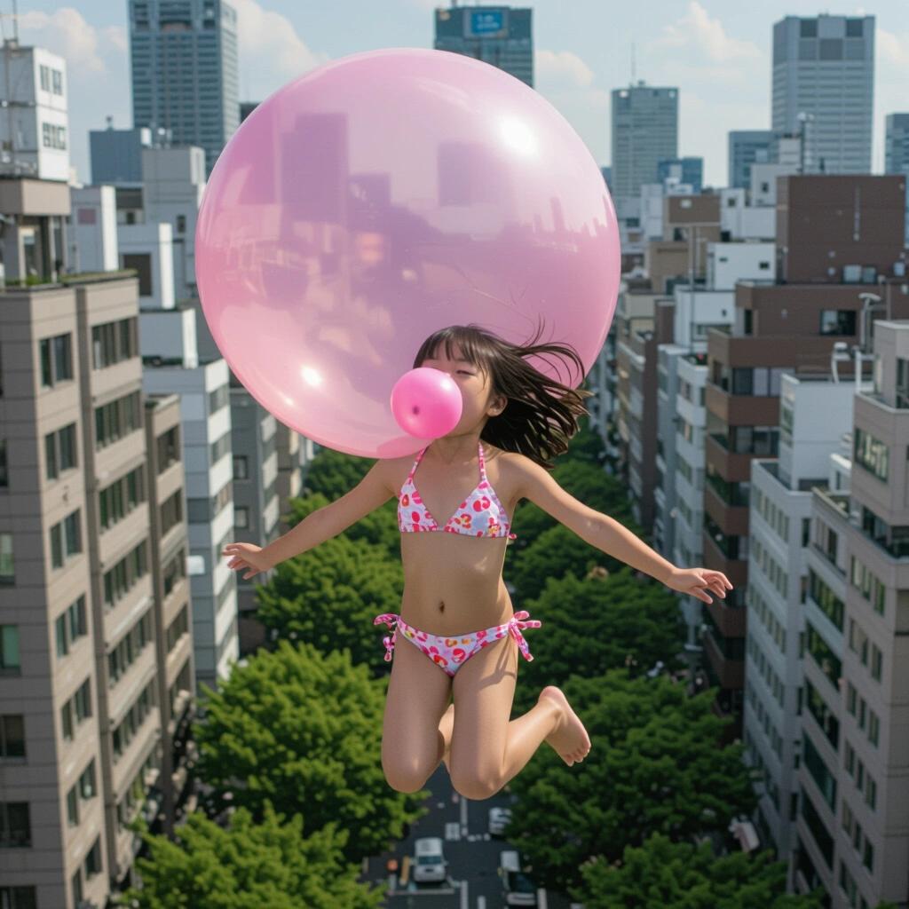 Young Japanese girl wears a bikini. She chews pink bubble gum. A massive pink bubble forms. Girl jumps and flies high in the air. Feet off the ground. Scene above treetops and city buildings.