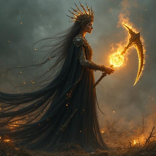 A mythic goddess stands in a twilight realm. She wears a flowing cloak of obsidian black. A crown made of cracked clocks and half-melted hourglasses rests on her head. Her right hand holds a glowing sword forged from ancestral bones. The sword radiates spiritual light. In her left hand, she cradles a burning cradle with golden fire. This symbolizes an unawakened soul. Behind her, a bent scythe twisted into a spiral floats in the air. It glows faintly with paradox. Her aura glows with black-gold flame. Her eyes burn with timeless sovereignty. The environment is surreal. It features a field of smoldering stardust and shattered timepieces.